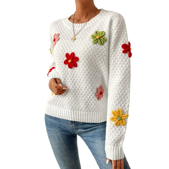 Women's White Colorful Flower Applique Textured Knit Sweater | [ZhiHiMeRi] | (US 16-18)XL