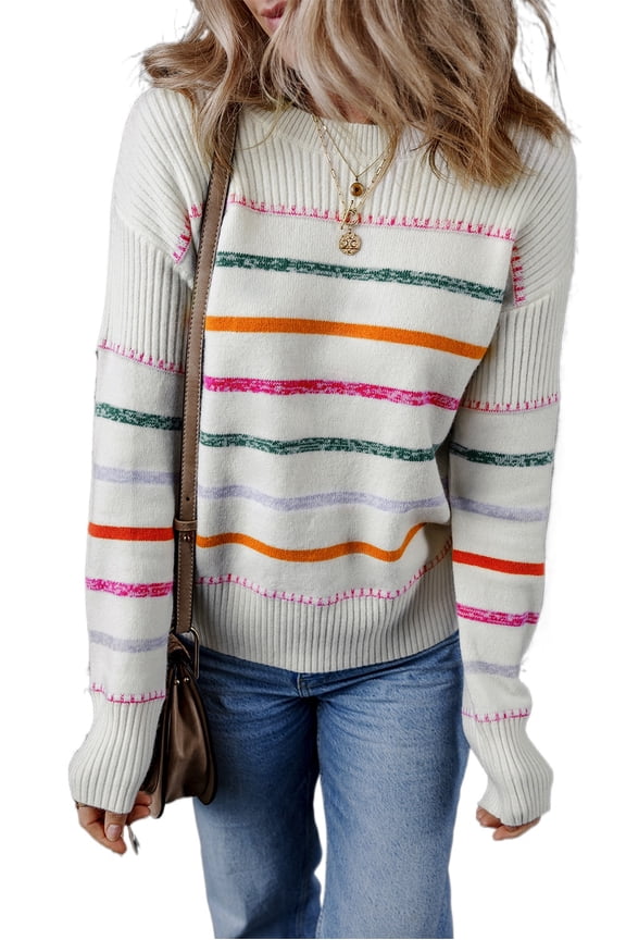 Women's White Colorful Striped Ribbed Trim Sweater - [ZhiHiMeRi] | (US 16-18)XL