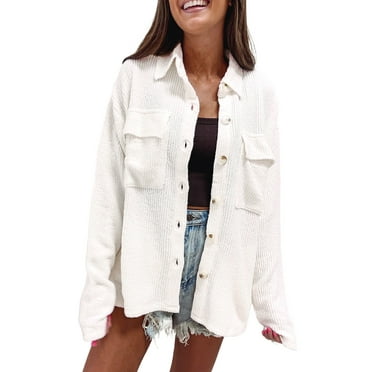 Women's White Corduroy Buttoned Long Sleeve Jacket - [ZhiHiMeRi] | (US 20-22)2XL