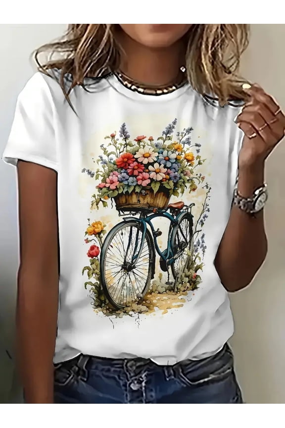 Women's White Cotton T-Shirt with Floral Bicycle Graphic Print - Loose Fit Round Neck Short Sleeve, Breathable Casual Top for Summer Parties & Daily Wear, Ladies T Shirts, Everyday Comfort,