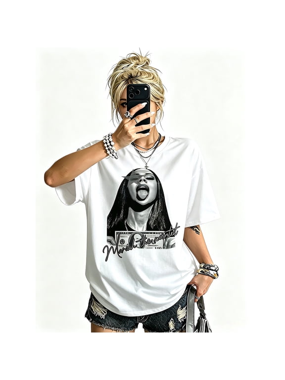 Women's White Crew Neck Oversized Graphic T-Shirt, Mariah The Scientist Dollar Bill Vintage Hip Hop Short Sleeve Tee