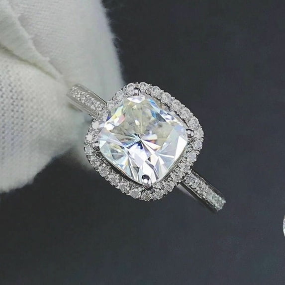 Women's White Cushion Cut Diamond Halo Engagement Ring 925 Sterling Silver in Size 4