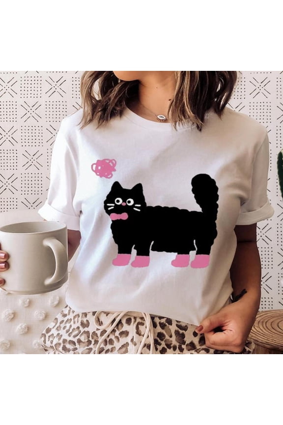 Women's White Cute Black Cat Graphic Tee Plus Size S-5XL, Funny Printed T-Shirt, Casual Oversized Top for Cat Lovers