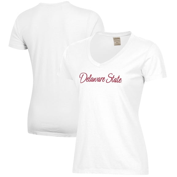 Women's  White Delaware State Hornets Script Logo Comfort Wash V-Neck T-Shirt