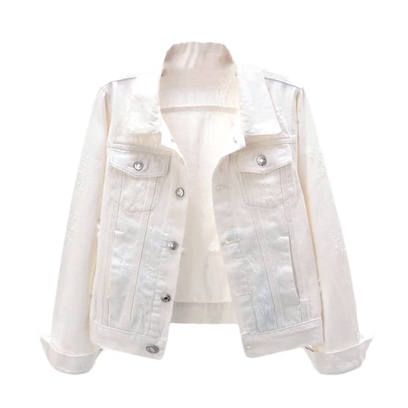 Women's White Denim Jacket with 3/4 Sleeves, Casual Cropped Trucker Jacket for Everyday Wear