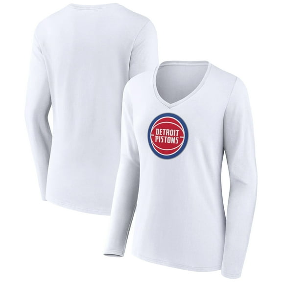 Women's White Detroit Pistons Logo Long Sleeve V-Neck T-Shirt