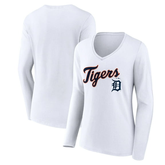 Women's White Detroit Tigers Team Lockup Long Sleeve V-Neck T-Shirt