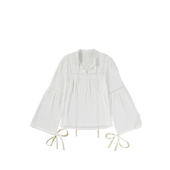 Women's White Drawstring Blouse with Lace Detail and Puff Sleeves - V Neck Casual Top | [ZhiHiMeRi] | XL