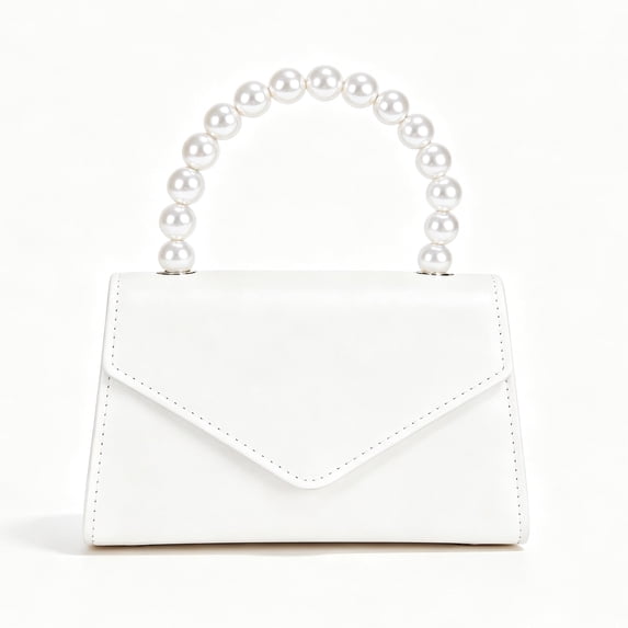 Women's White Envelope Clutch Purse with Faux Pearl Handle for Wedding Evening Party