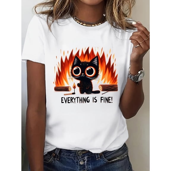 Women's White "Everything Is Fine!" Cat Meme Graphic Tee Plus Size S-5XL, Humorous Printed T-Shirt, Casual Oversized Top for Cat Lovers & Meme Enthusiasts