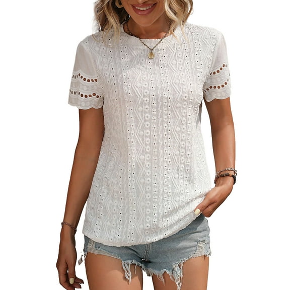 Women's White Eyelet Embroidery Scalloped Short Sleeve Top