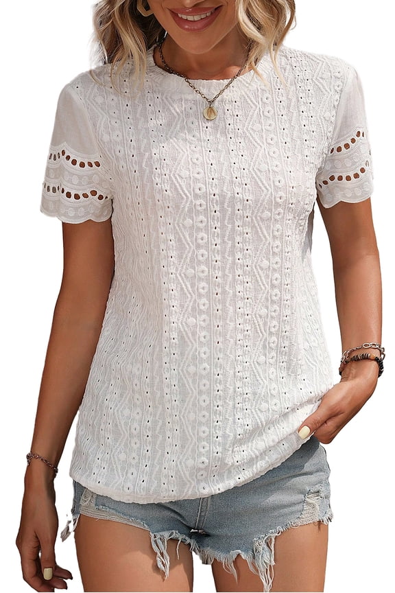 Women's White Eyelet Embroidery Scalloped Short Sleeve Top