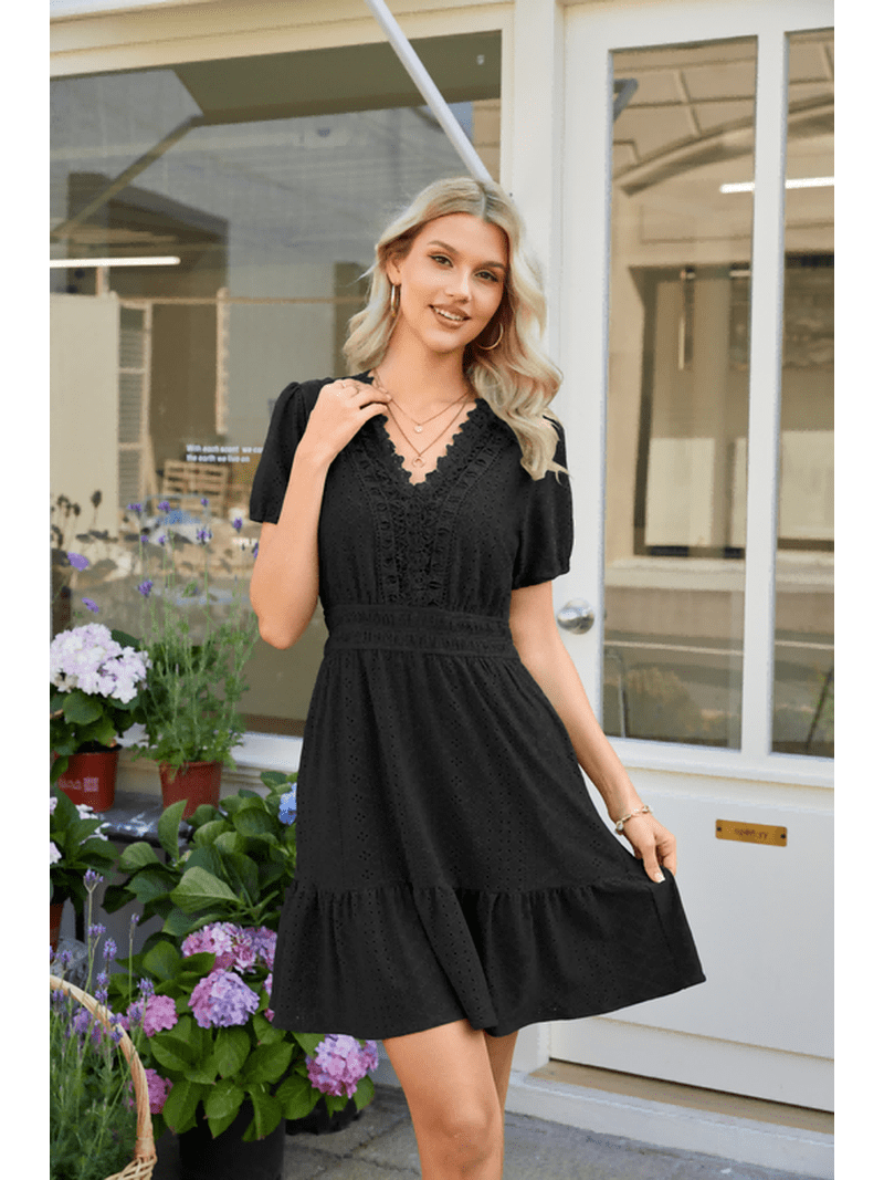 lace a line swing dress Women's White Eyelet V-Neck Puff Sleeve Ruffle Hem Mini Dress, Casual Summer A-Line 20W
