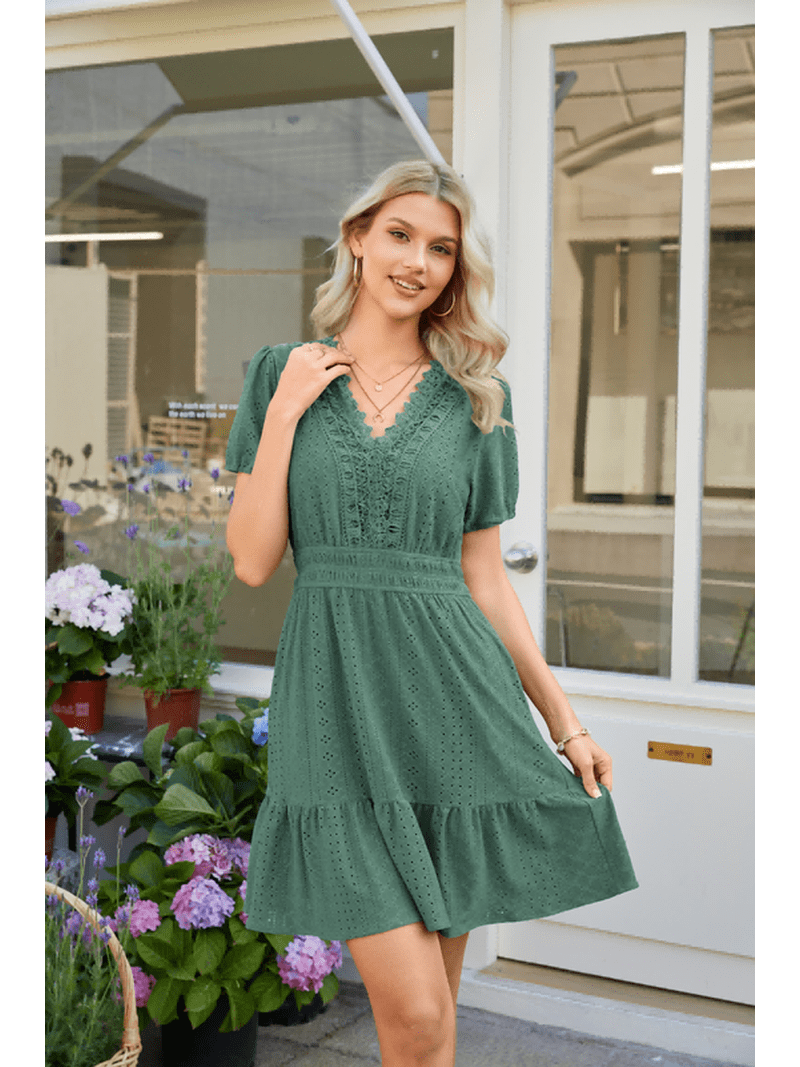 NAYTOAO Women's White Eyelet Lace V-Neck Puff Sleeve Ruffle Hem Mini Dress, Casual Summer A-Line Swing Dress, Size: Small, Green