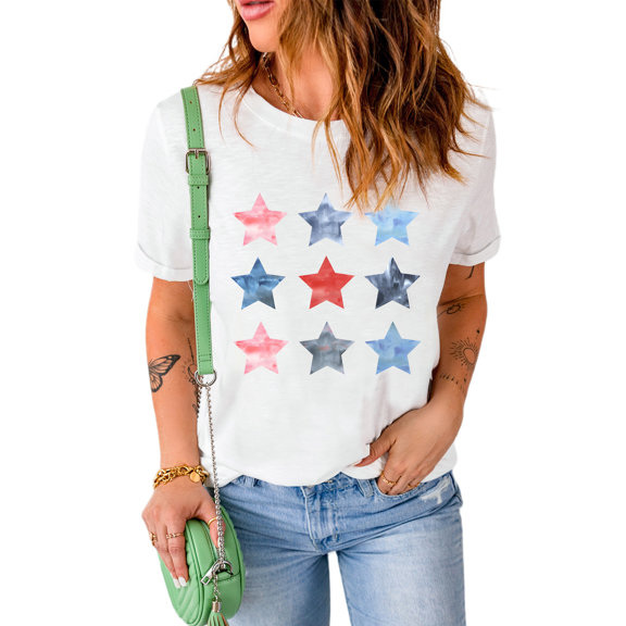Women's White Flag Day Stars Print Crew Neck T-Shirt - [ZhiHiMeRi] | (US 4-6)S