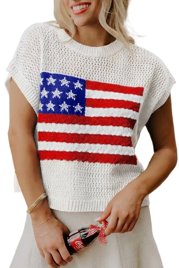 Women's White Flag Graphic Knit Top – Short Sleeve Round Neck Summer Shirt for Casual Daily Wear, S