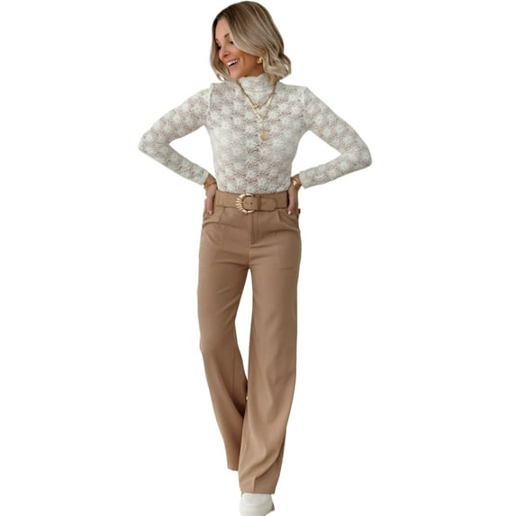 Women's White Floral Lace High Neck Long Sleeve Top