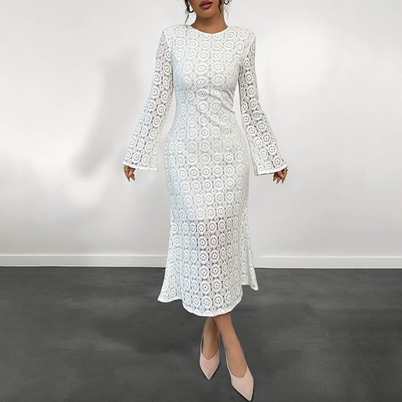 Women's White Floral Lace Midi Dress Long Sleeve Elegant Evening Gown Party Hollow out Formal Bodycon Midi Dresses White L