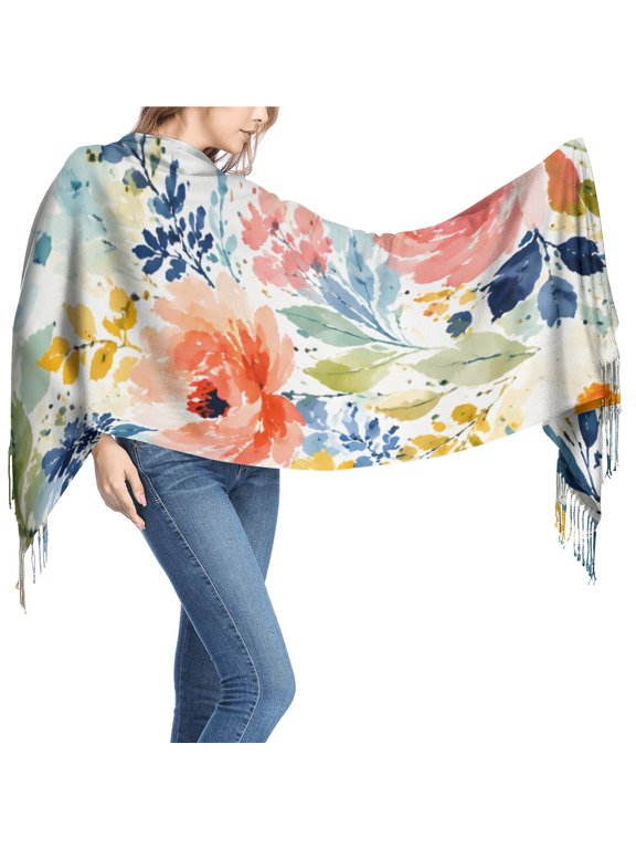 Women's White Floral Leaf Print Scarf, Lightweight Fringed Fashion Shawl Wrap for Travel, Office, Evening and Everyday Layering, One Size