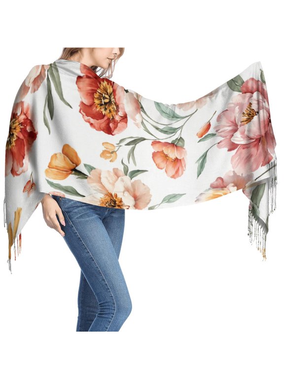 Women's White Floral Leaf Print Scarf, Lightweight Fringed Fashion Shawl Wrap for Travel, Office, Evening and Everyday Layering, One Size