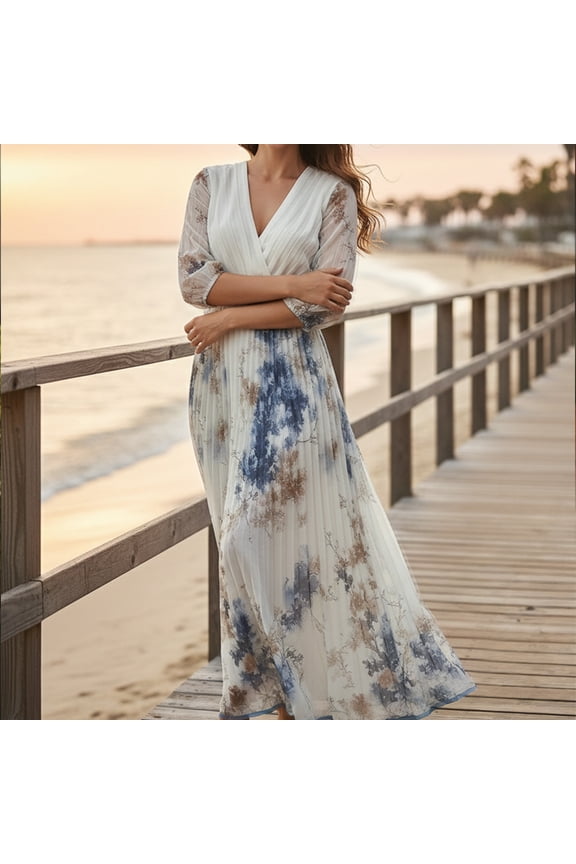 Women's White Floral Print Maxi Dress, Deep V-Neck with Puff Sleeves, Elegant A-Line Summer Wedding Guest Dress for Beach Party