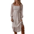 thumbnail image 1 of Women's White Floral Print Shirred Ruffled Hem Square Neck Midi Dress | [ZhiHiMeRi] | (US 12-14)L, 1 of 9