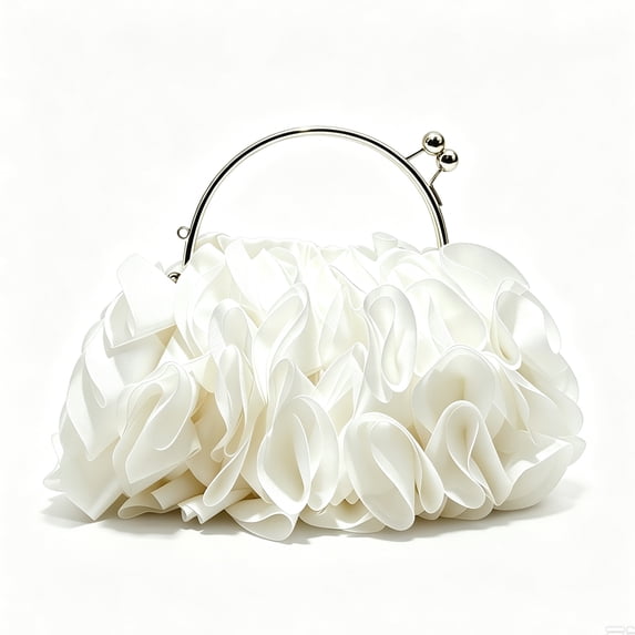 Women's White Floral Ruffle Clutch Purse Elegant Evening Bag Metal Handle Wedding Party Handbag
