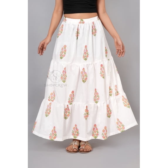 Women’s White Floral Tiered Long Maxi Skirt with Elastic Waist – Casual Summer Skirt - XS