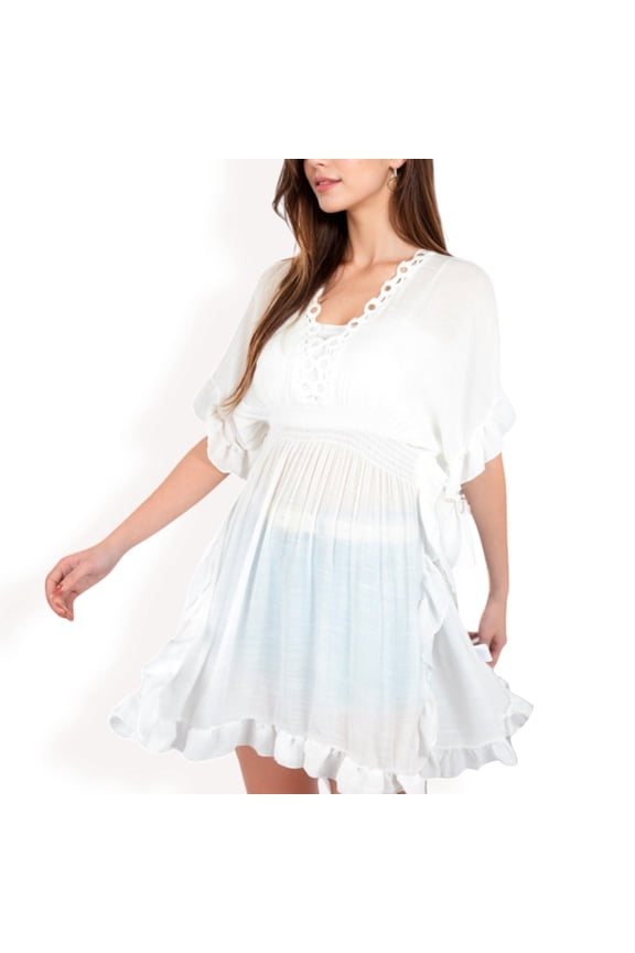 Women's White Flutter Sleeve Dress with Crochet Trim V-Neck and Smocked Waist- White,One Size Fits Most