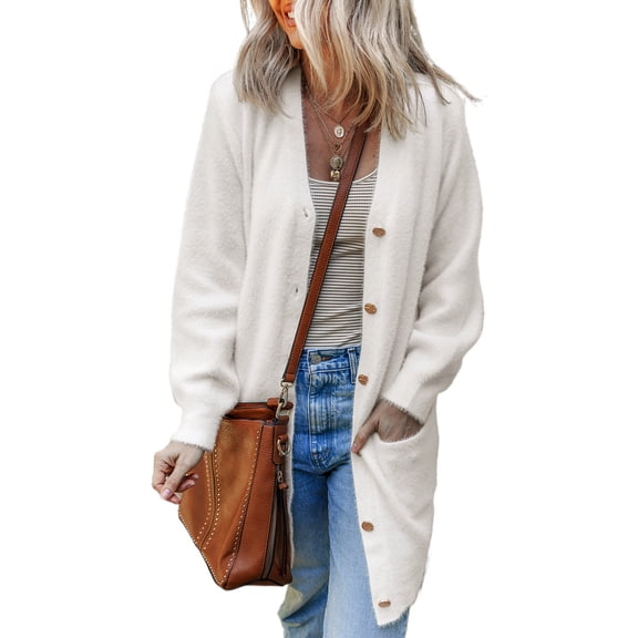 Women's White Fuzzy Buttoned Midi Cardigan – Cozy Casual Layer for Daily Wear | XL