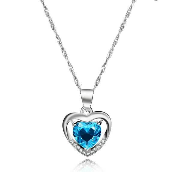 Women's White Gold Plated Blue Cubic Zirconia Crystal Love Heart Pendant Necklace for Her Girlfriend Y890 (Blue)