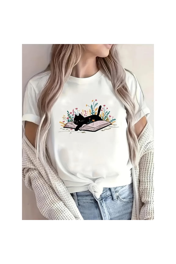 Women's White Graphic Tee with Book-Loving Cat Print, S-5XL Plus Size T-Shirt, Artistic Pet Pattern Casual Top for Cat Lovers