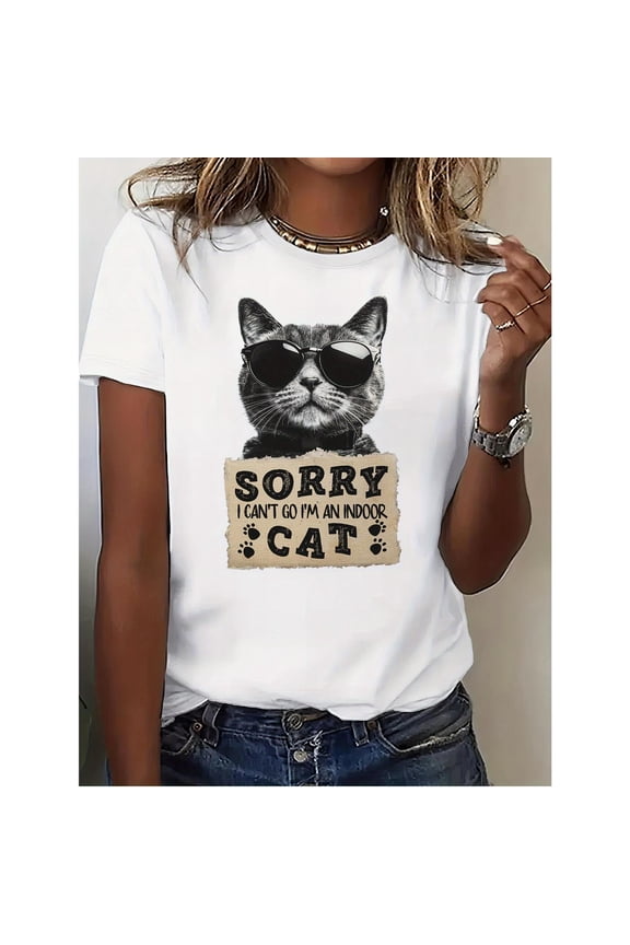 Women's White Graphic Tee with "Indoor Cat" Print, S-9XL Plus Size T-Shirt, Funny Cat Lover Casual Top for Ladies