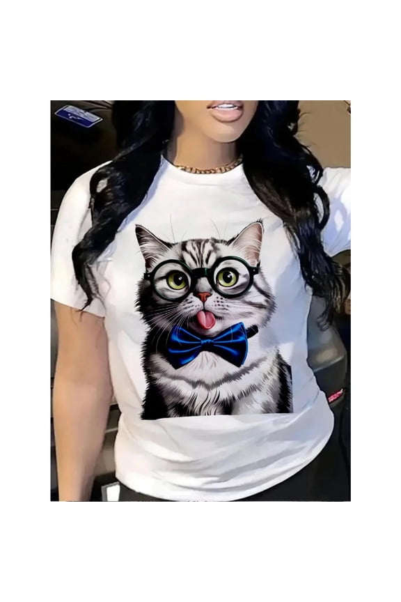 Women's White Graphic Tee with Nerd Cat Print, S-8XL Plus Size T-Shirt, Cute Pet Pattern Casual Top for Cat Lovers