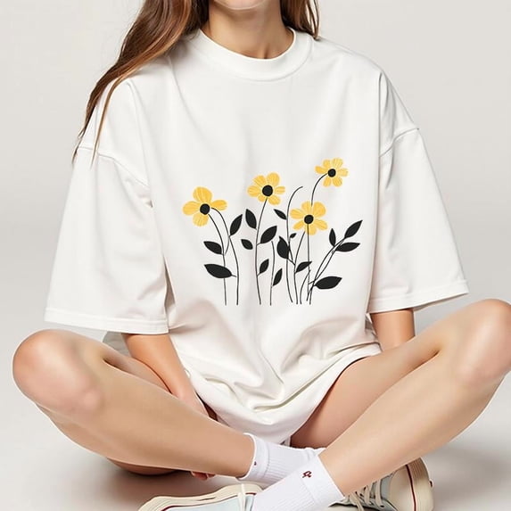 Women's White Graphic Tee with Yellow Flower Print, S-5XL Plus Size T-Shirt, Casual Boho Style Top for Nature Enthusiasts