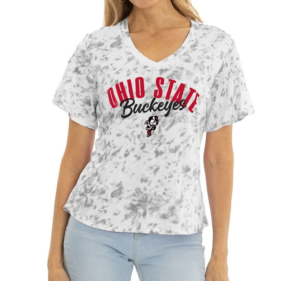 Women's White/Gray Ohio State Buckeyes Faye Tie-Dye V-Neck T-Shirt