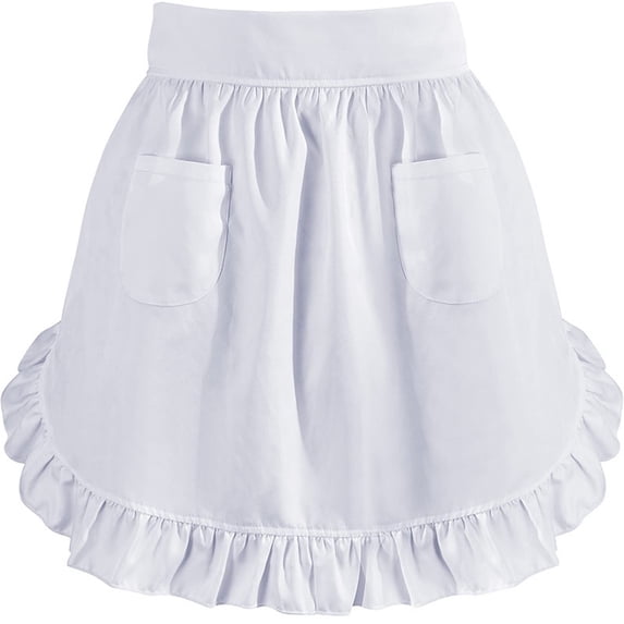 Women's White Half Apron with Pockets and Ruffle Trim for Cooking Baking and Themed Parties