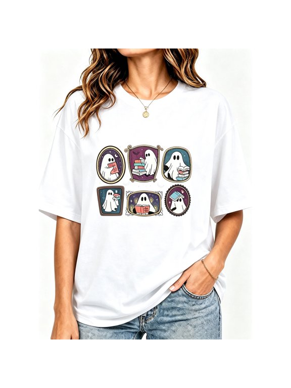 Women's White Halloween Book Lover Ghost Framed Print Relaxed Fit Crew Neck Short Sleeve T-Shirt