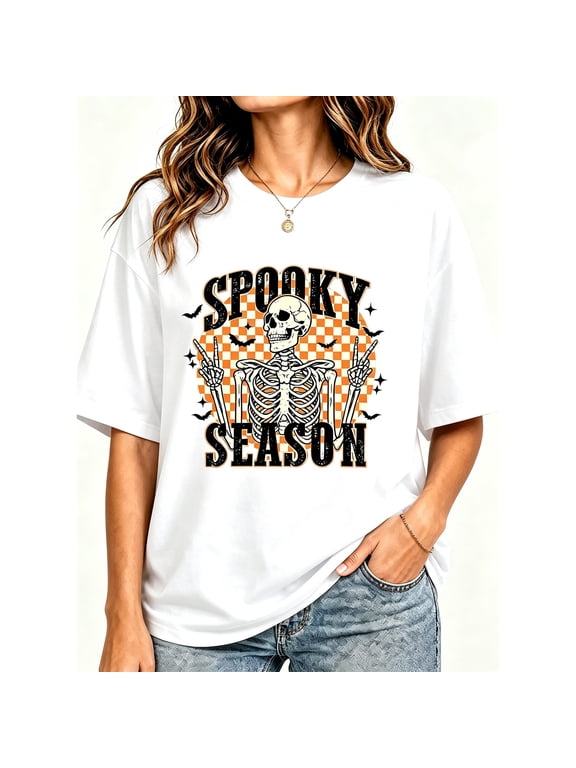 Women's White Halloween Checkered Skeleton Spooky Season Print Relaxed Fit Crew Neck Short Sleeve T-Shirt