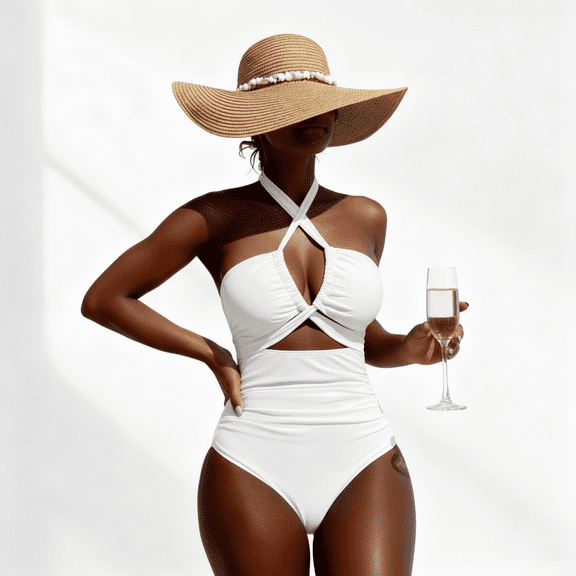 Women's White Halter Cutout One-Piece Swimsuit, Tummy Control Ruched Bathing Suit, Sizes S-XXL