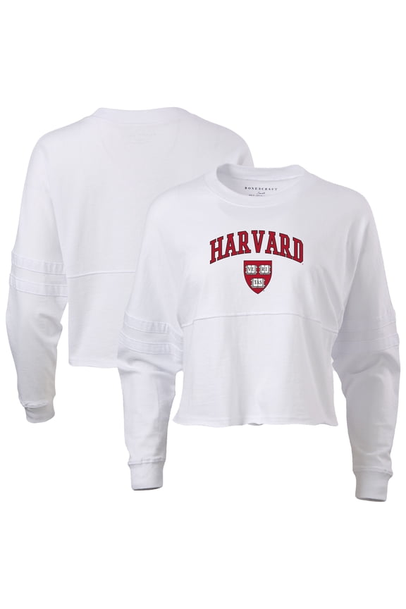 Women's White Harvard Crimson Oversized Cropped Retro Long Sleeve T-Shirt