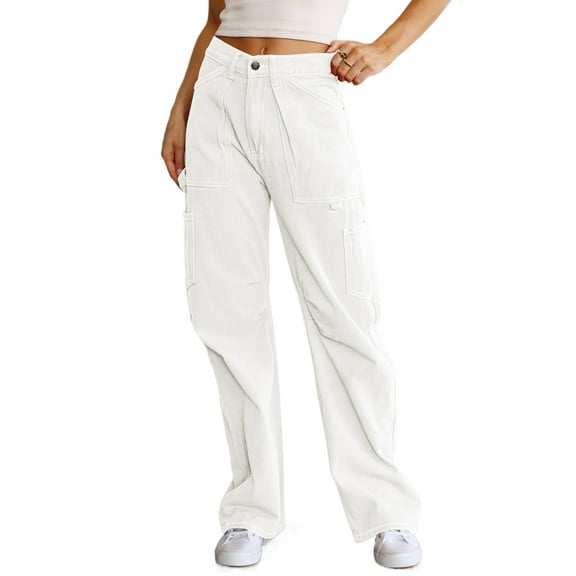 Women's White High Waist Straight Leg Cargo Pants with Pockets | [ZhiHiMeRi] | 6