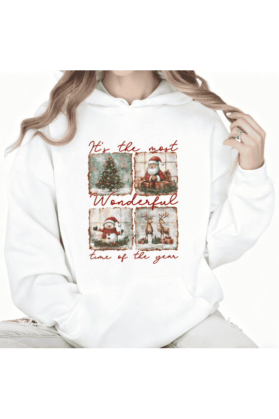 Women's White Hoodie Graphic Tee "It's the Most Wonderful Time of the Year" with Vintage Festive Icons Casual Tops S-2XL
