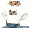 thumbnail image 1 of Women's White Hoodie Graphic Tee "Merry Christmas Patchwork Letters" Festive Holiday Casual Tops S-2XL, 1 of 5