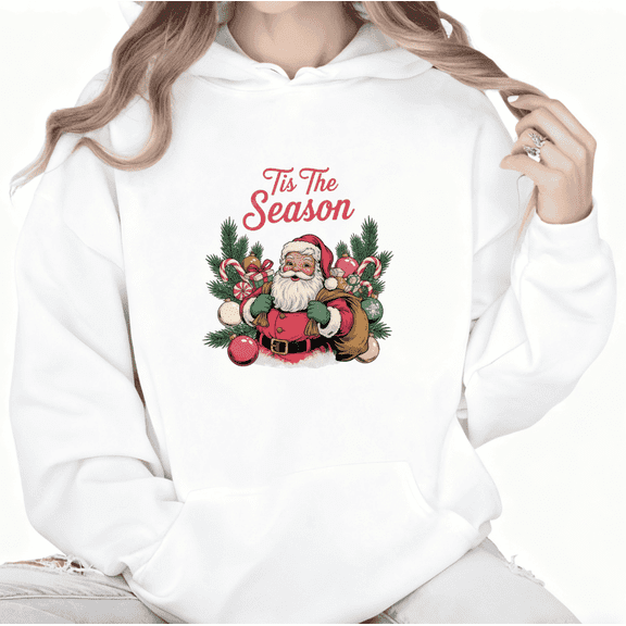 Women's White Hoodie Graphic Tee "Tis The Season" with Classic Santa & Festive Decor Festive Holiday Casual Tops S-2XL