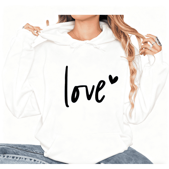 Women's White Hoodie Graphic Tees "Love" Script Typography Pattern Shirts S-2XL Casual Daily Tops