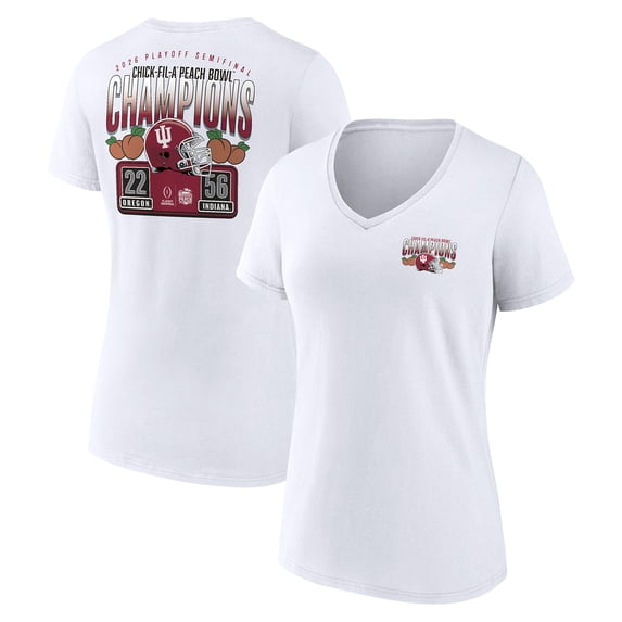 Women's White Indiana Hoosiers College Football Playoff 2026 Peach Bowl Champions Scoring Drive V-Neck T-Shirt