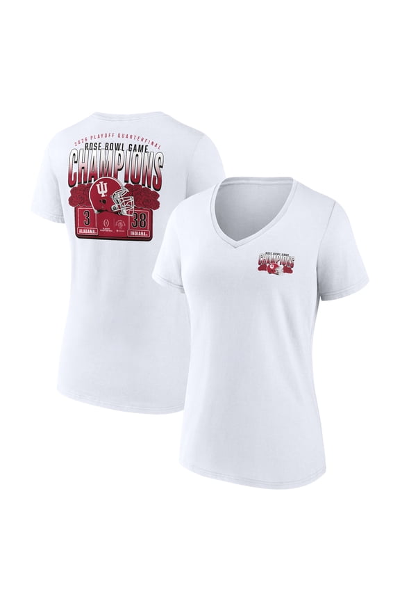 Women's White Indiana Hoosiers College Football Playoff 2026 Rose Bowl Champions Scoring Drive V-Neck T-Shirt