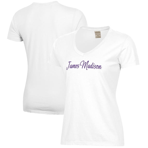 Women's White James Madison Dukes Script Logo Comfort Wash V-Neck T-Shirt