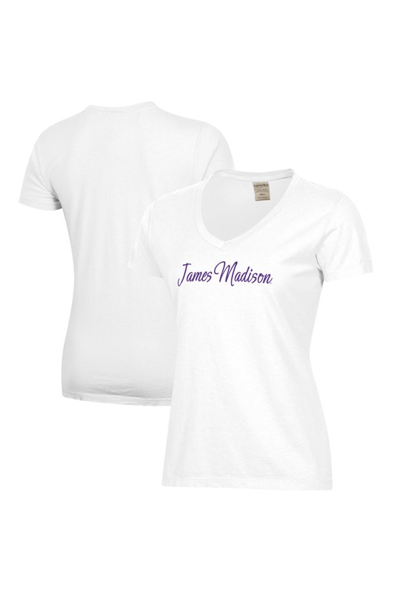 Women's White James Madison Dukes Script Logo Comfort Wash V-Neck T-Shirt